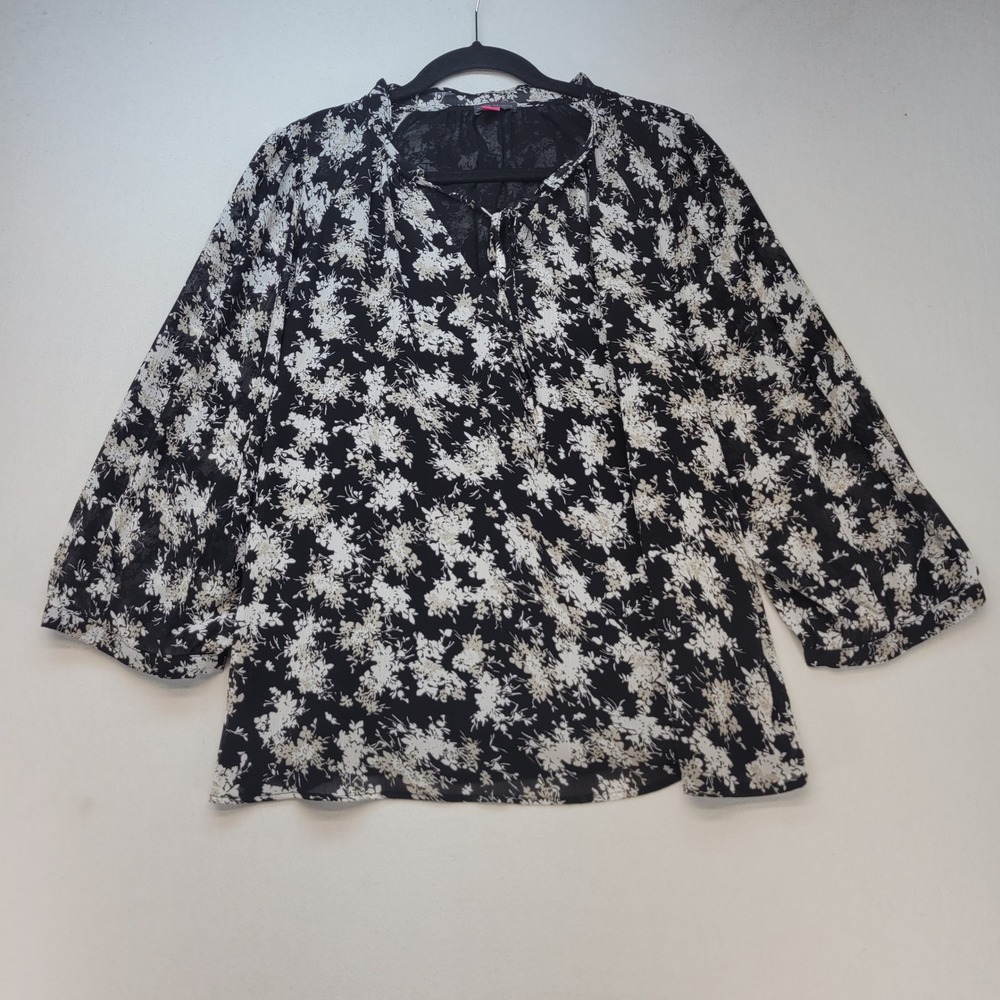 Vince Camuto Blouse Womens XL Black White Floral Tie Neck 3/4 Sleeve Chiffon Top